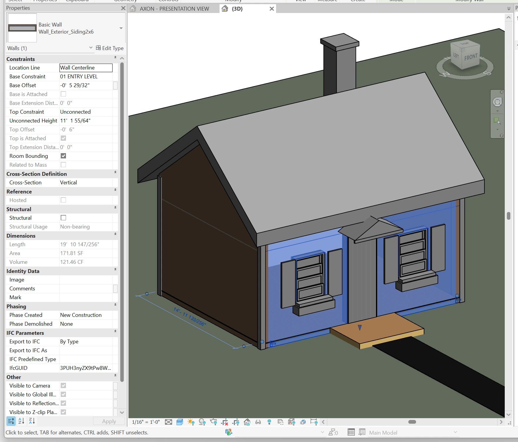The dollhouse in Revit: a small gabled cottage with a chimney, two shuttered windows, a door with a little pediment and a deck, one exterior wall selected and its properties open on the left